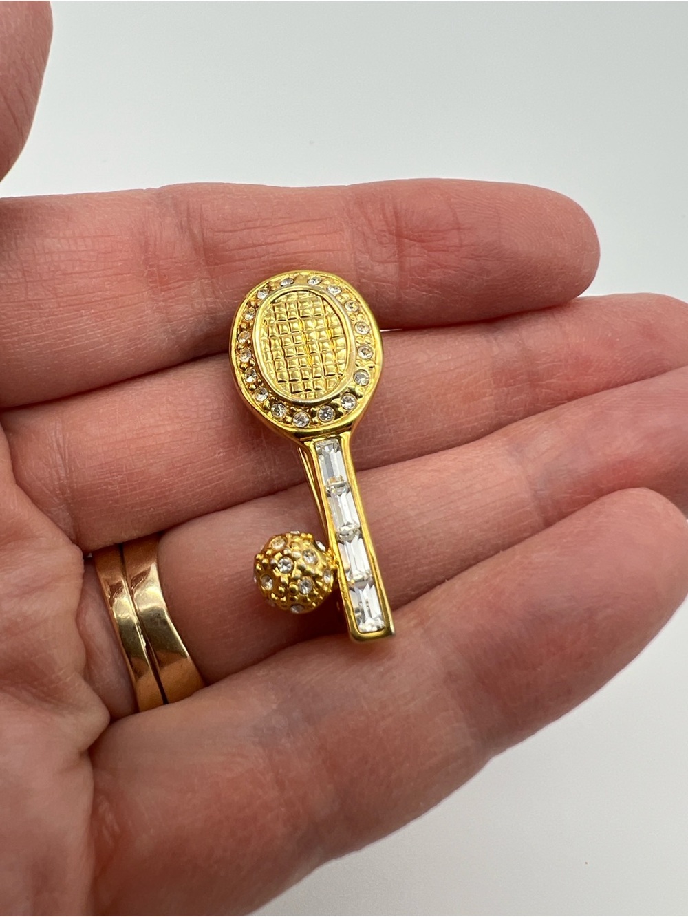 VTG Gold Tennis Racket & Ball Brooch Sparkling Crystals
